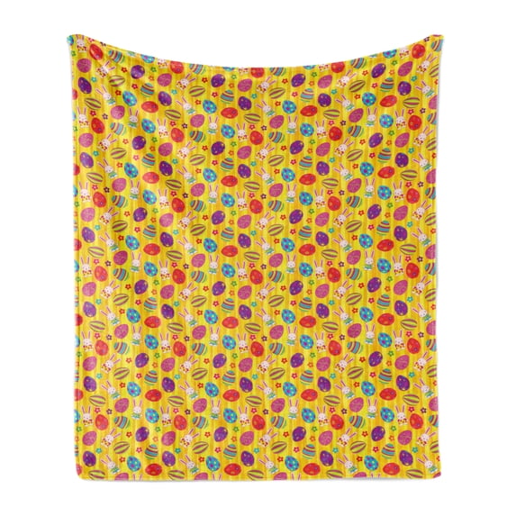 Easter Soft Flannel Fleece Throw Blanket, Funky Colorful with Different Patterns Daisies and Kids Bunny Characters, Cozy Plush for Indoor and Outdoor Use, 50" x 70", Multicolor, by Ambesonne