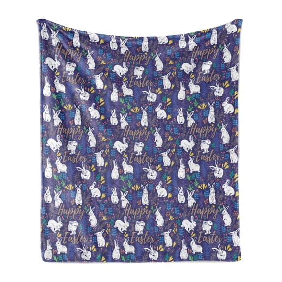 Easter Soft Flannel Fleece Throw Blanket, Rabbits in Different Poses with Botany Ornaments and Happy Easter Calligraphy, Cozy Plush for Indoor and Outdoor Use, 60" x 80", Multicolor, by Ambesonne