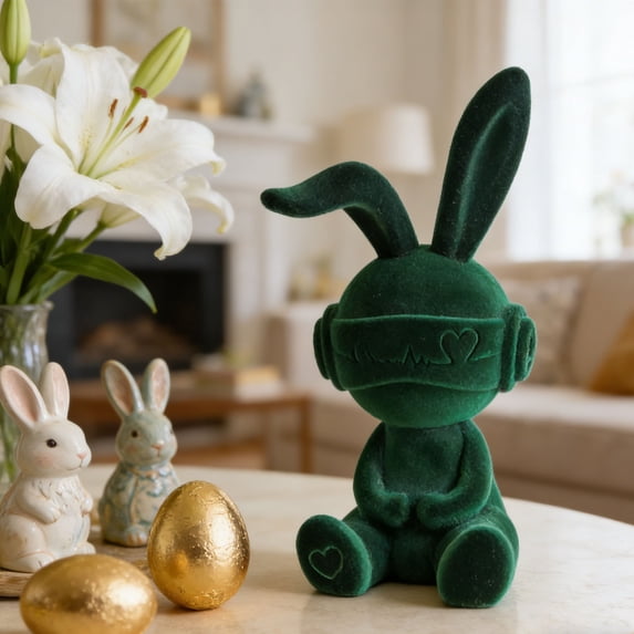 Easter Soft-Flocked Rabbit Sitting Ornament, 13.4" Creative Flocked Bunny Figurines, Realistic Flocking Rabbit Tabletop Mantel Decor, Spring Animal Decor For Living Room Entryway TV Stand, Green