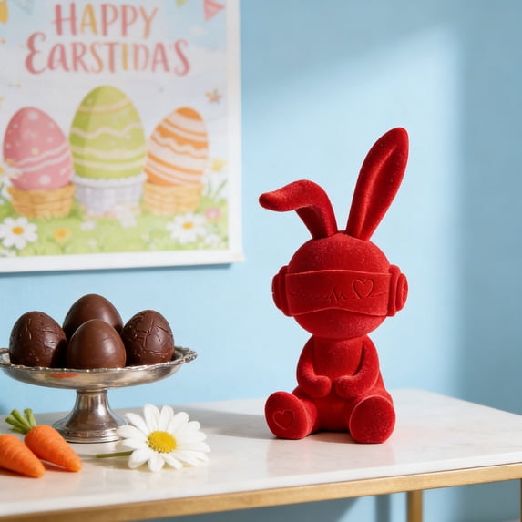 Easter Soft-Flocked Rabbit Sitting Ornament, 13.4" Creative Flocked Bunny Figurines, Realistic Flocking Rabbit Tabletop Mantel Decor, Spring Animal Decor For Living Room Entryway TV Stand, Red
