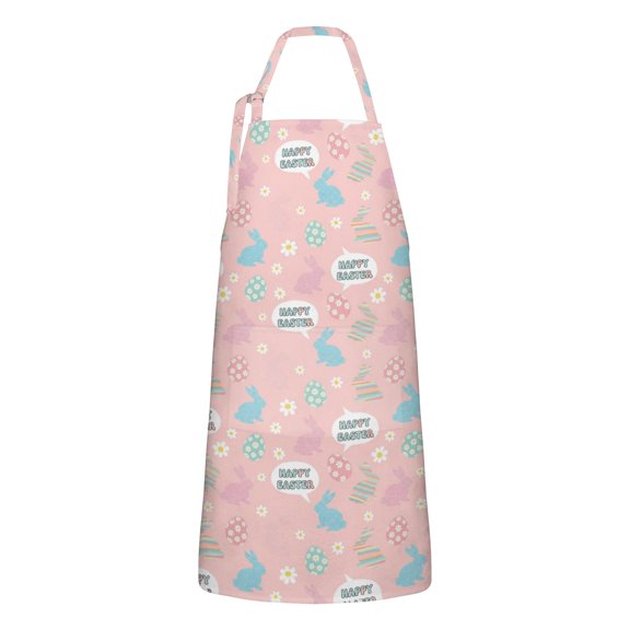 Easter and Speech Bubbles Pink Pattern Apron with Pockets, Cotton Linen Waterproof Adjustable Apron for Women, Kitchen Cooking Gardening BBQ Salon Apron, 33x27 Inch