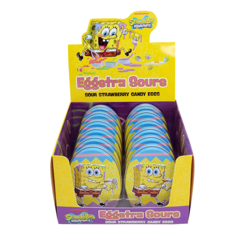 Easter SpongeBob SquarePants, Eggstra Sours Candy Tin, 1.2 ounces of Sour Strawberry SpongeBob Shaped Candy - 12 Count Display Box