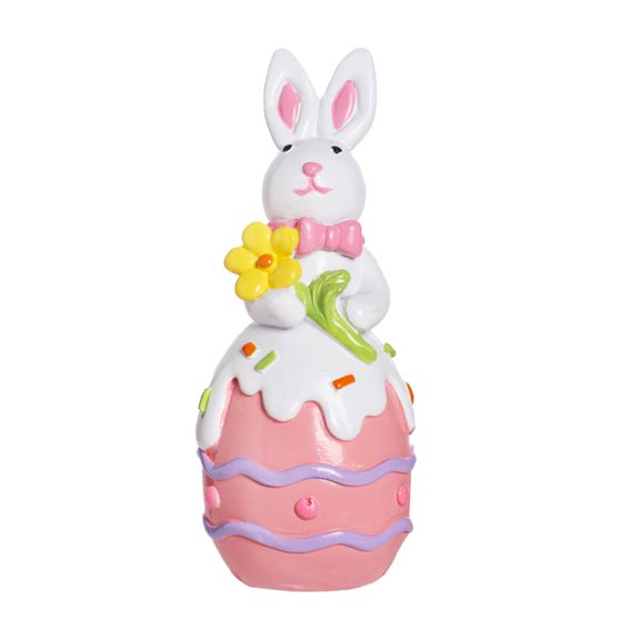 Easter Spring Country Bunny Figurine Sitting on Egg - Cute Resin Bunny Statues Rabbit Figurines for Spring, Rustic Easter Bunny Figurines Home Decor with Flowers(Pink)