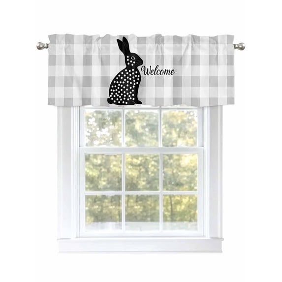 Easter Spring Curtain Valances for Windows, Black Dots Bunny Farmhouse Plaid Grey Kitchen Valance Window Treatment, Light Filtering Block Curtains for Bathroom/Bedroom/Living Room 42'' x 12''