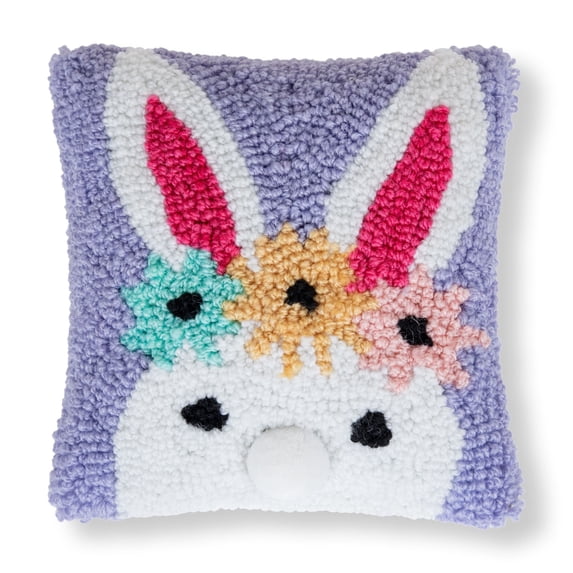 Easter Bunny Flower Crown Small Petite Mini Hooked Accent Pillow 8" x 8"