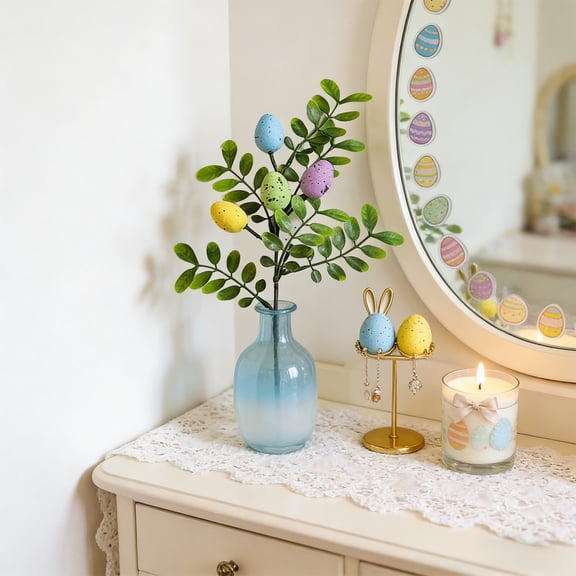 Easter Spring Floral Sprigs with Artificial Leaves and Eggs for Table Centerpiece Decorations, 1 Count