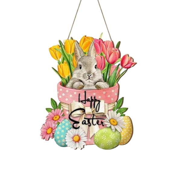 Easter Spring Flowers Bunny Door Sign Holiday Wooden Hanging Sign Decorative Multicolor 30X30Cm 11 81X11 81In