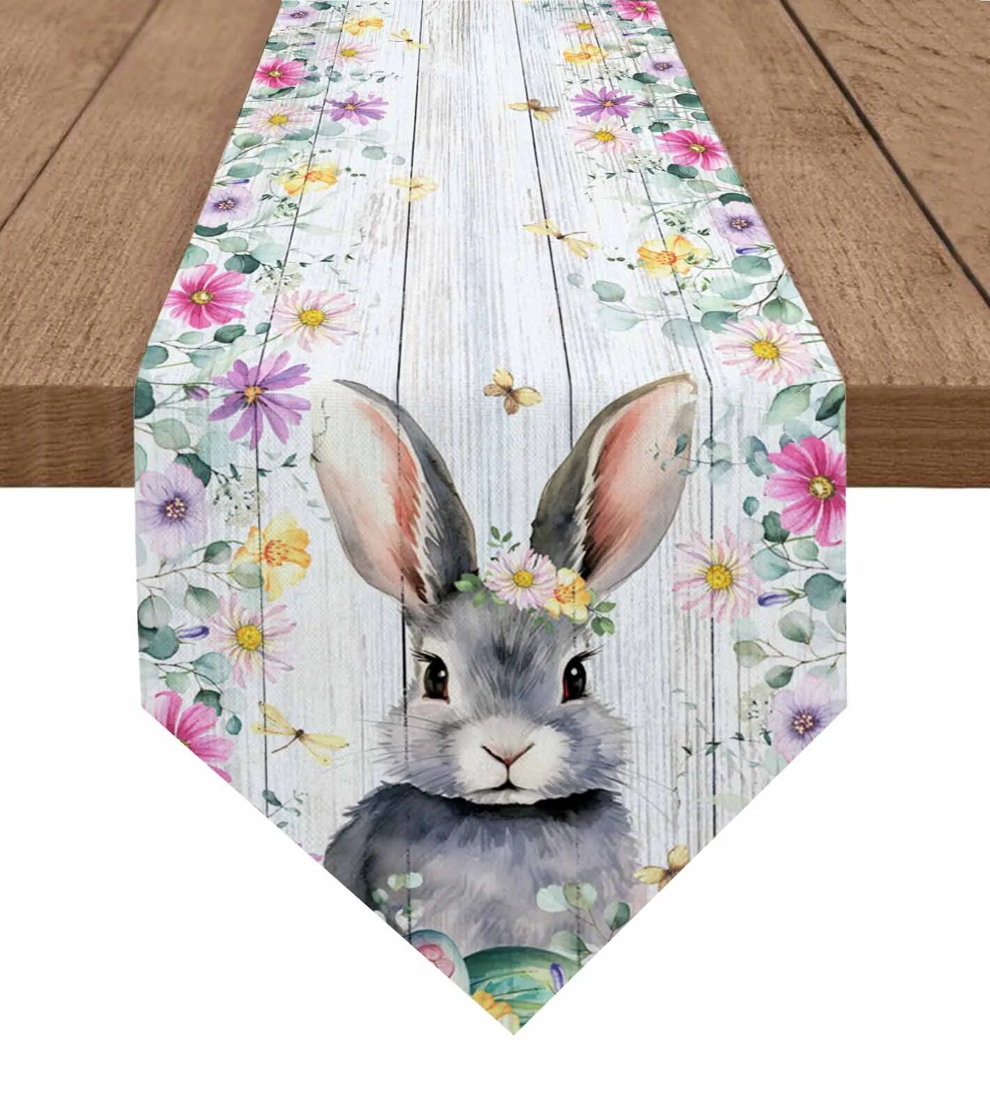 easter-spring-flowers-bunny-wood-grain-table-runner-wedding-party