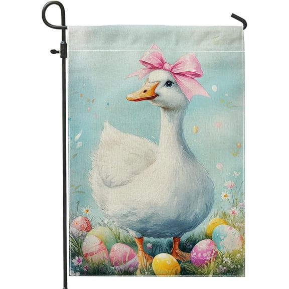 Easter Spring Garden Flag, White Goose with Peach Bow and Colorful Eggs, Double Sided Burlap Lawn Decoration for Outdoor Holiday Decor, Cute Farm Animal Theme 12x18 Inch