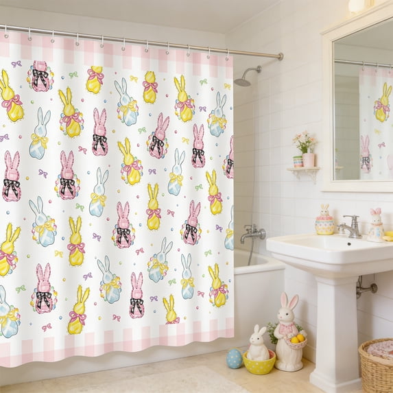 Easter Spring Shower Curtain Waterproof Polyester Fabric White Floral Bunny Patterns Modern Holiday Bathroom Decor for Tub & Shower Enclosure, 70.86x35.43 Inches