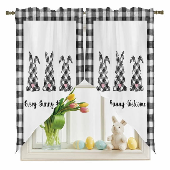 Easter Spring Swag Kitchen Curtain Valances, Rabbits Black White Buffalo Plaid Rod Pocket Curtains Window Treatment Decor Valances for Bedroom Bathroom, 2 Panels 28 x 36 Inch