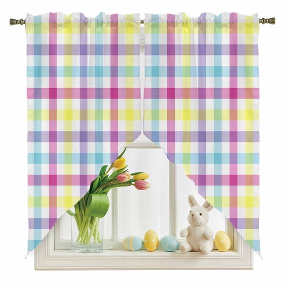 Easter Spring Swag Kitchen Curtain Valances, Rustic Colorful Lattice Rod Pocket Curtains Window Treatment Decor Valances for Bedroom Bathroom, 2 Panels 36 x 63 Inch