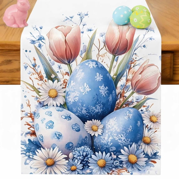 Easter Spring Table Runner 72 Inches Long for Kitchen Dining, Blue Eggs Pink Tulip Floral Daisy Flower Dresser Scarf Farmhouse, Dining Table Decorations for Wedding/Parties, 18 x 72 In