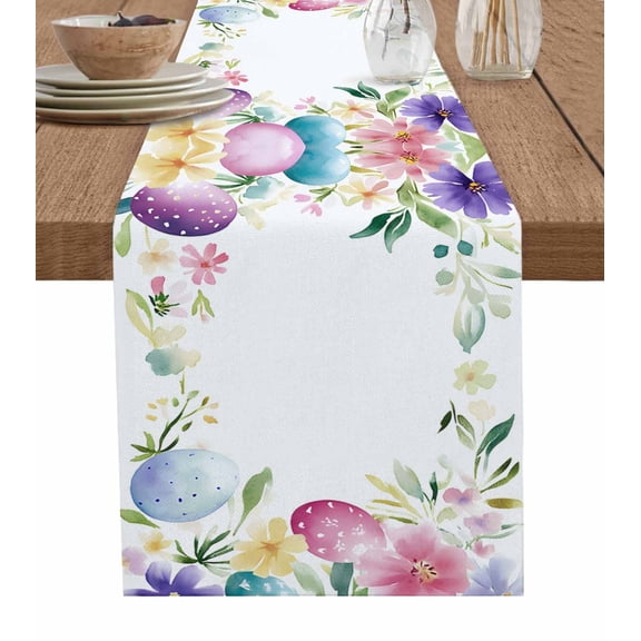 Easter Spring Table Runner Cotton Linen 90 Inch Holiday Dresser Scarves, Watercolor Boho Flower Egg Leaf Painting Tablerunner for Kitchen Coffee Dining Bedroom Dinner Scarf Décor 13''x90''