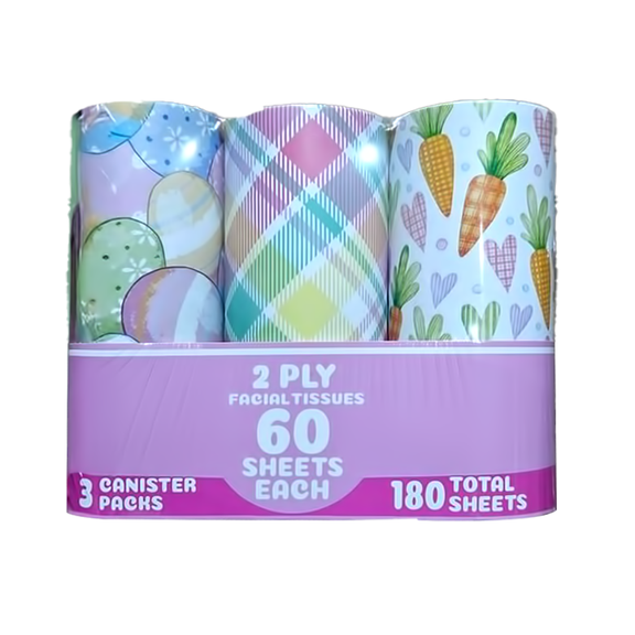 Easter Spring Facial Tissue Holder (3 Pack), 60 Sheets / 2-Ply Tissues per Cylinder, Fits Car Cup Holders, Spring Easter Designs