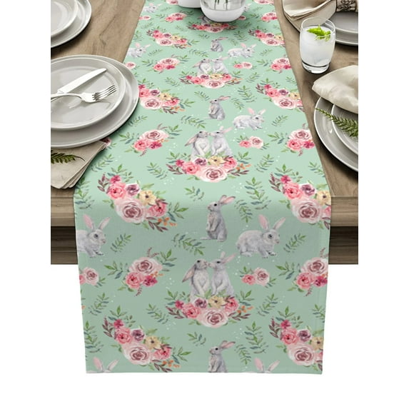 Easter Spring Watercolor Flowers Bunny Table Runner Wedding Decors for Dining Table Decoration Table Cover
