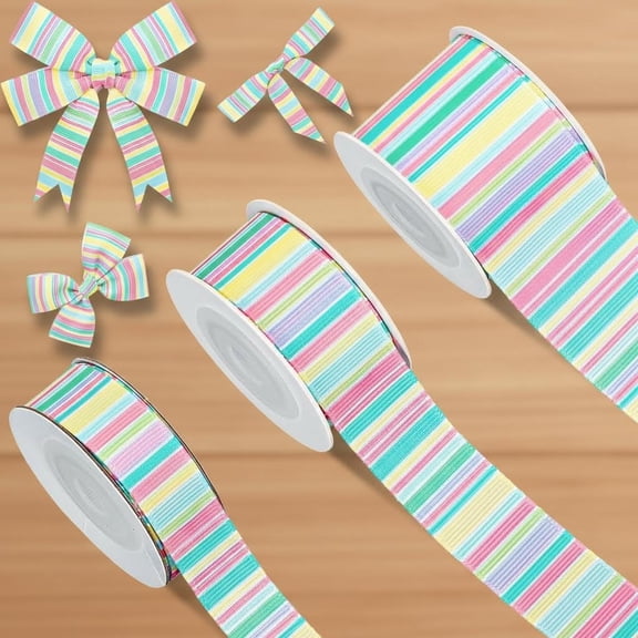 Easter Spring Wired Edge Ribbon Pastel Horizontal Stripe Colorful Rainbow Grosgrain Ribbon for Basket Wreath Bow Craft Gift Wrap Holiday Party Decor