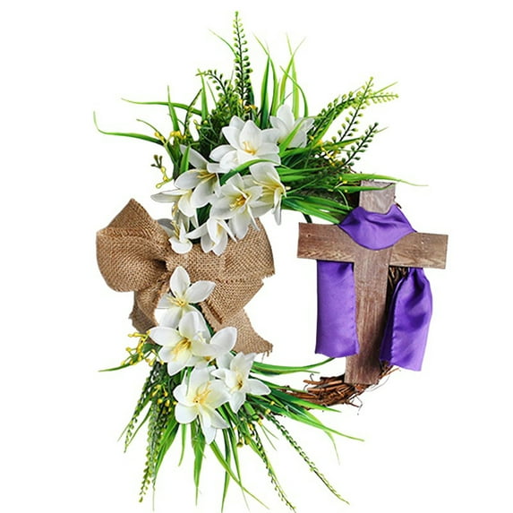 Easter Spring Wreath with Cross and White Lilies Handmade Floral Decoration for Home and Door 18 Inch