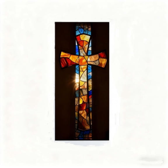 Easter Stained Glass Style Cross Door Cover, 70.8x35.4" Vibrant Polyester Backdrop for Religious Holiday Front Door & Wall Decor