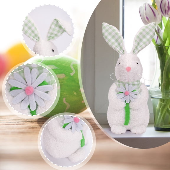 Easter Standing Bunny Plush Ornament Plaid Ears Rabbit with Carrot and Daisy for Spring Tabletop Decor and Holiday Centerpiece