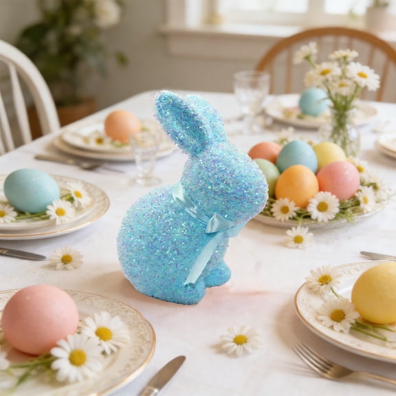 Easter Standing Rabbit Ornament, Realistic Glitter Bow Decoration, High-End Foam Holiday Decor, Purple Pink Yellow Green Blue Orange, 9.25x7.28x5.12 Inches
