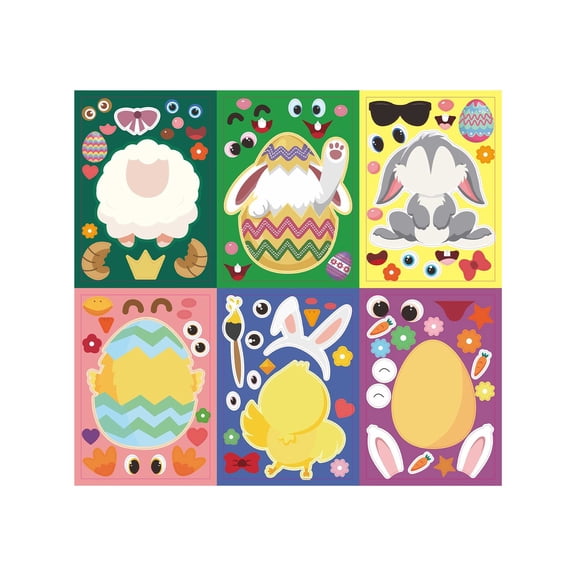 Easter Sticker Sheets 6 Pack 8X6 Inch Diy Bunny Egg Face Craft Stickers For Kids Easter Basket Stuffers Party Supplies Favor Activity Fun