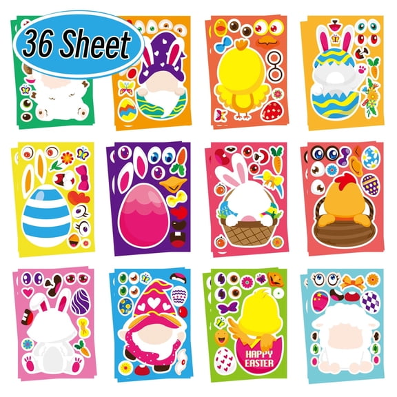 Easter Stickers ,36 Sheet Easter Party Games Make a Face Stickers, Easter Egg DIY Sticker for Crafts, Easter Egg Bunny Sticker for Family Schools Activities Party Supplies