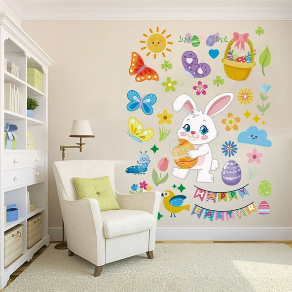 Easter Stickers Removable Decals Bunny Eggs Carrot Theme Multicolor Wall Decor for Home Living Room Bedroom Window DIY Holiday Party Decorations