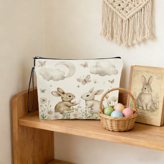Easter Storage Bag, Cosmetic Travel Pouch with Anti-Slip Chain and Handle, Portable Toiletry Organizer, Linen Makeup Bag 9.8x6.7 Inch for Camping Trips and Holiday Gift Giving