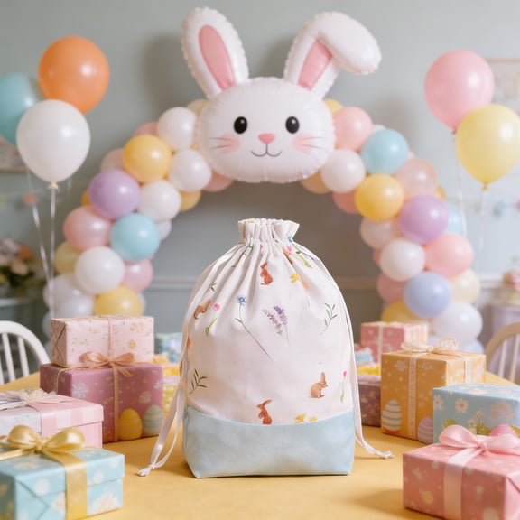 Easter Storage Bags Gift Bags,Canvas Bag Printed Drawstring Bag Bunny Eggs Theme