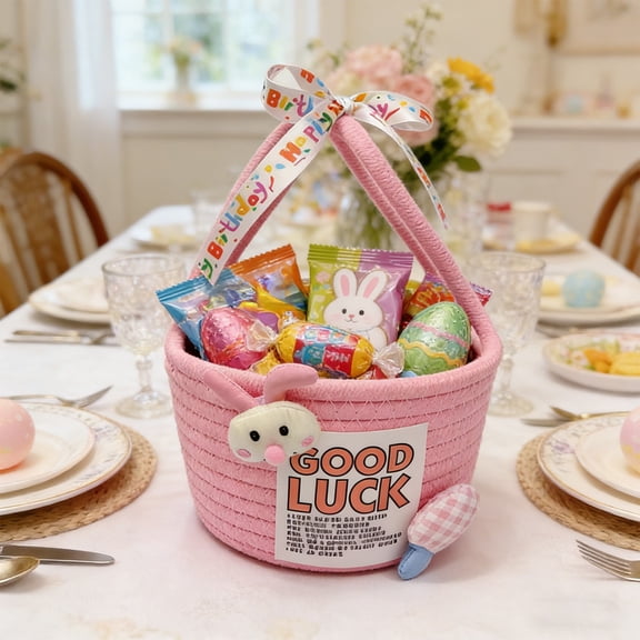 Easter Storage Basket Bunny Woven Organizer Basket Handle Candy Egg Storage Bag Home Decoration Picnic Basket Living Room Table Gift Basket Decorative Rope Storage Accent