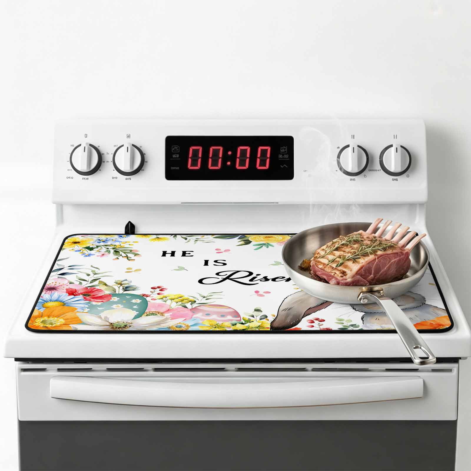 Easter Stove Top Cover for Electric Stove, Heat-proof & Non Slip Glass Top Stove Cover Protector, Easter Bunny Spring Watercolor He Is Risen Flowers Kitchen Flat Cooktop Rubber Mat 24x21 Inches