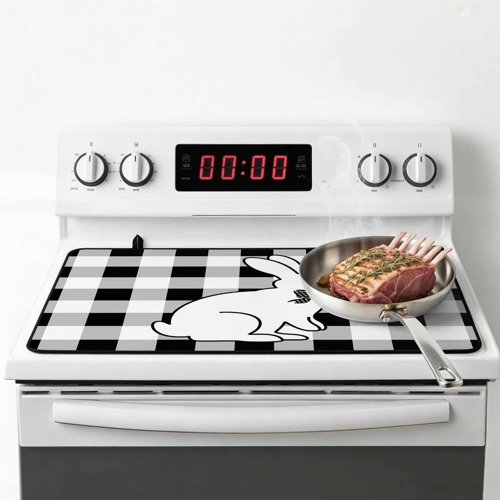 Easter Stove Top Cover for Electric Stove, Heat-proof & Non Slip Glass Top Stove Cover Protector, Farmhouse Bow Bunny Black White Buffalo Plaid Kitchen Flat Cooktop Rubber Mat 24x21 Inches