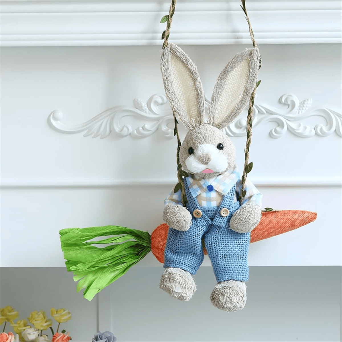Easter Straw Bunny Figurine, Straw Rabbit on Carrot Swing, Bunny Statue ...