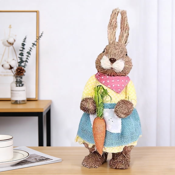 Easter Straw Bunny Figurine Tabletop Decor, Pink Sisal Rabbit Holding Flowers&Basket with Eggs Inside, Spring Party Garden Table Decor Centerpiece for Home Office Kitchen Farmhouse(B)