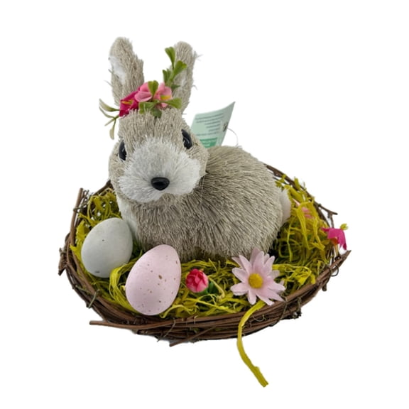Easter Straw Bunny in Nest with Floral Grass, Adorable Handcrafted Easter Bunny Decorations for Home, Garden, Table Centerpiece and Spring Easter Party Decor Woven Bunny Khaki 6.3*4.8*4 In