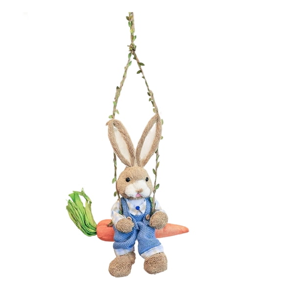 Easter Straw Rabbit Decorative Figurine, Handmade Handicraft Swing Bunny Ornament for Spring Home Decor, Tabletop Easter Display, 6.3 Inch