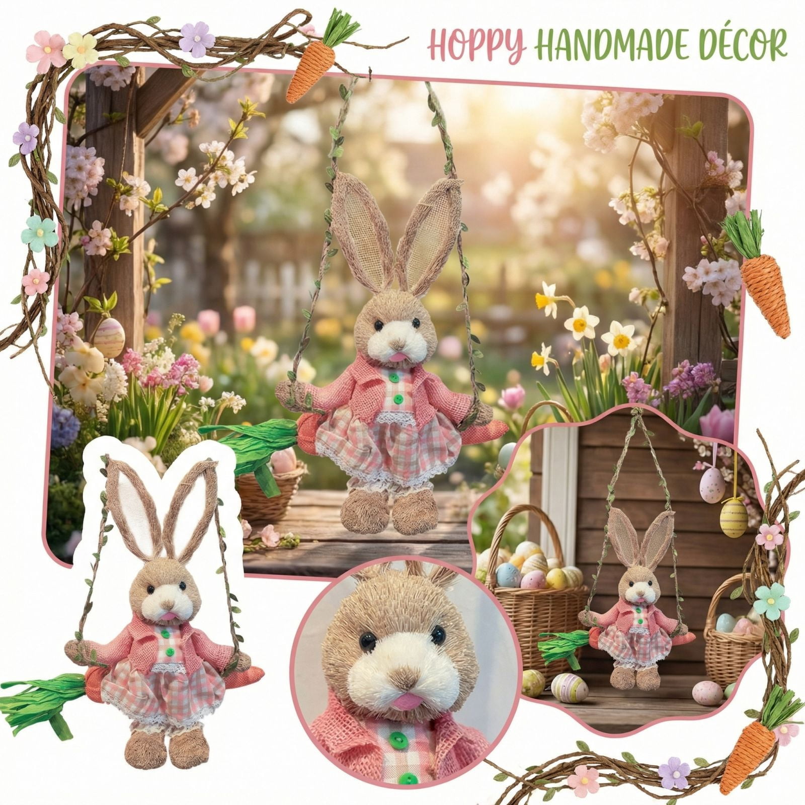 Easter Straw Woven Swing Bunny Figurine Handmade Craft Natural Straw ...