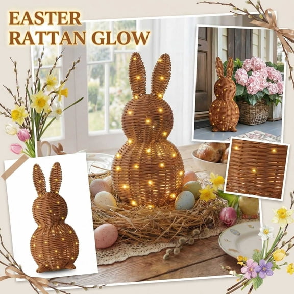 Easter String Lights Battery Operated, Wicker Rabbit Figurine, 14 in, Bunny decor for Home, Coffee Table decor, Spring Table decorations for Home, Natural Brown, 1 Pc