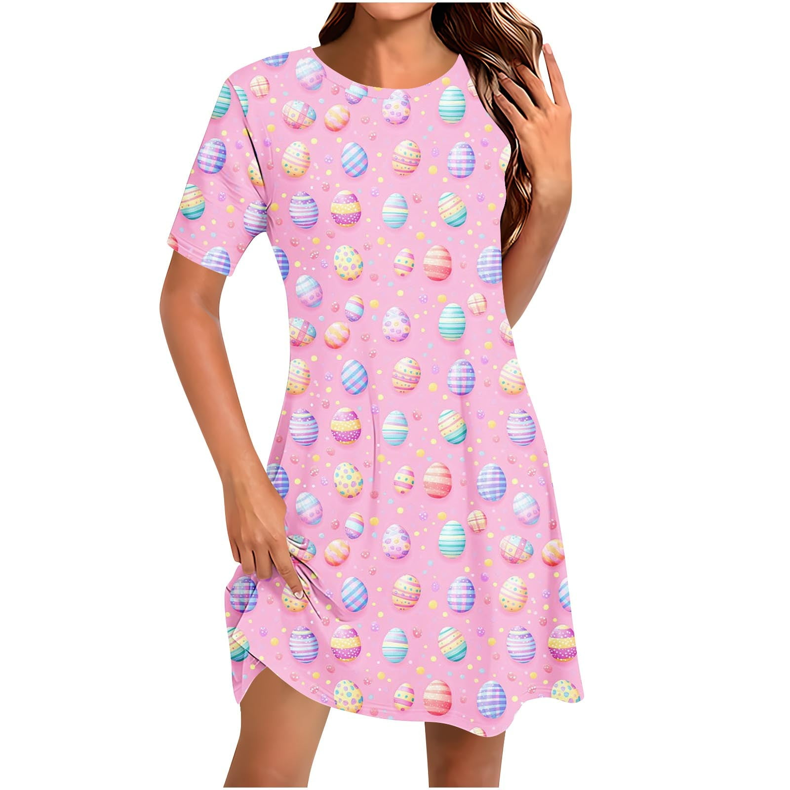 Easter Sundress for Women 2025 Funny Bunny Eggs Printed Holiday Attire Casual Baggy Crewneck