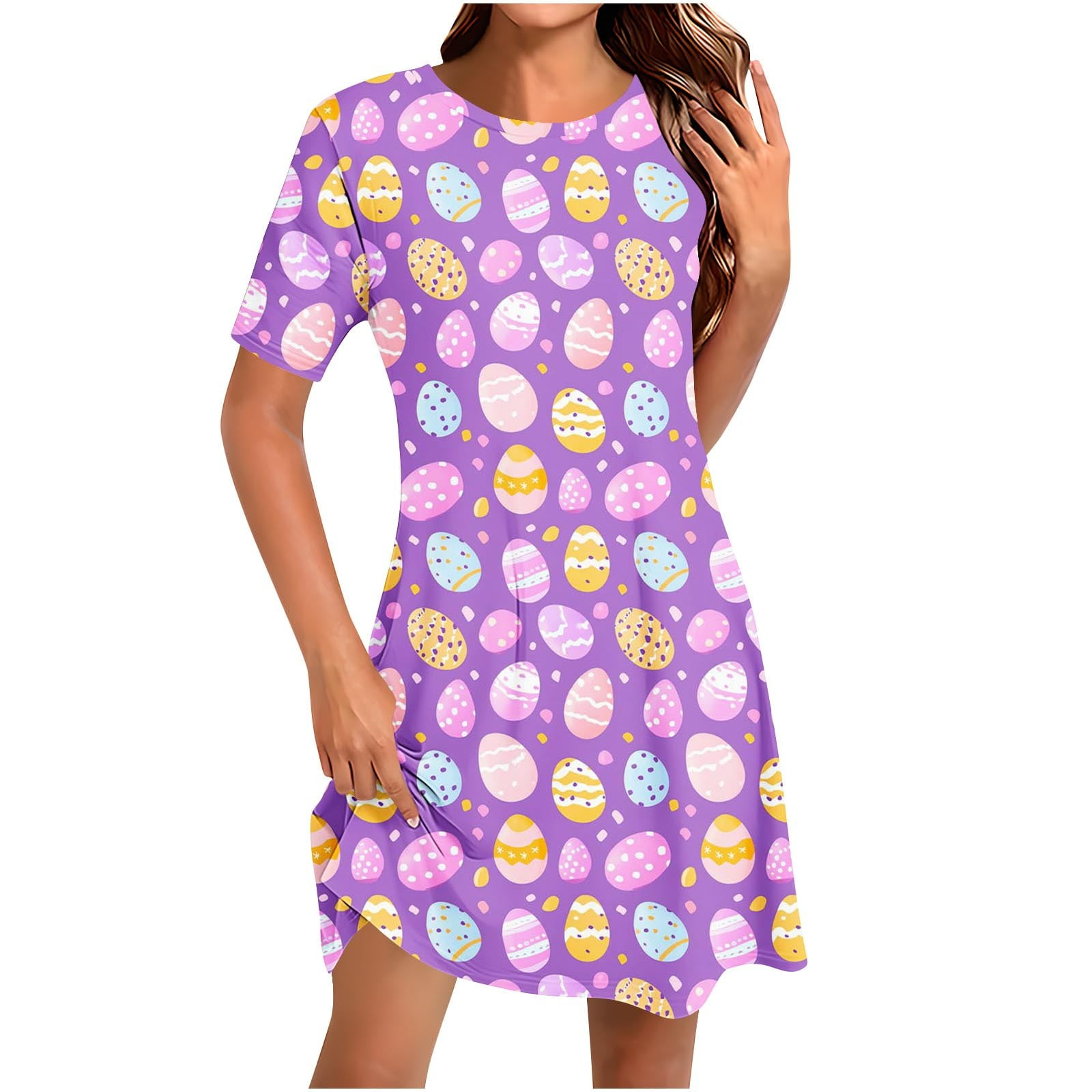 Easter Sundress for Women 2025 Funny Bunny Eggs Printed Holiday Attire Casual Baggy Crewneck