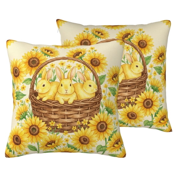Easter Sunflower Bunny Pillow Covers Set of 2 16x16 Faux Linen Watercolor Rabbit in Basket Throw Pillow Covers for Couch, Double-Sided Print, Indoor Outdoor Home Decor