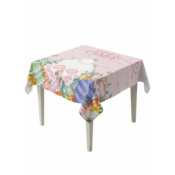 Easter Suqare Tablecloth - 54 x 54 Inch, Country Rabbit Feet Eggs Leaves Pink Wooden Grain Waterproof & StainResistant Tablecloth, Washable Oil-proof Table Cover for Dining/Party/Wedding/Buffet
