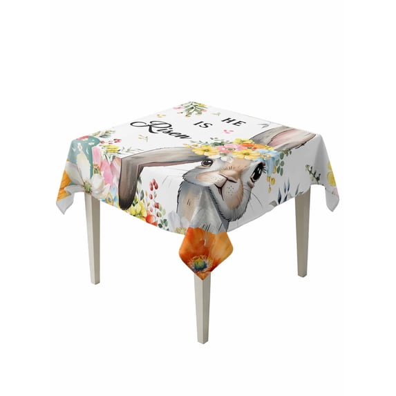 Easter Suqare Tablecloth - 54 x 54 Inch, Easter Bunny Spring Watercolor He Is Risen Flowers Waterproof & StainResistant Tablecloth, Washable Oil-proof Table Cover for Dining/Party/Wedding/Buffet
