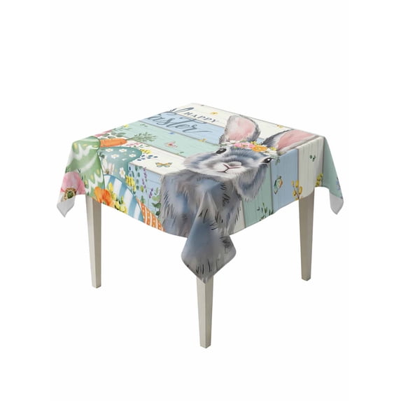 Easter Suqare Tablecloth - 54 x 54 Inch, Spring Bunny Easter Eggs Floral Beige Green Wood Waterproof & StainResistant Tablecloth, Washable Oil-proof Table Cover for Dining/Party/Wedding/Buffet