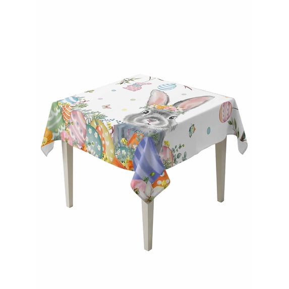 Easter Suqare Tablecloth - 54 x 54 Inch, Spring Bunny Eggs Botanical Leaves Tree Branch Waterproof & StainResistant Tablecloth, Washable Oil-proof Table Cover for Dining/Party/Wedding/Camping/Buffet