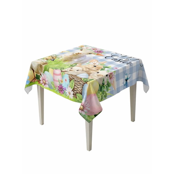 Easter Suqare Tablecloth - 54 x 54 Inch, Spring Bunny Sheep Floral Eggs Botanical Blue Check Waterproof & StainResistant Tablecloth, Washable Oil-proof Table Cover for Dining/Party/Wedding/Buffet