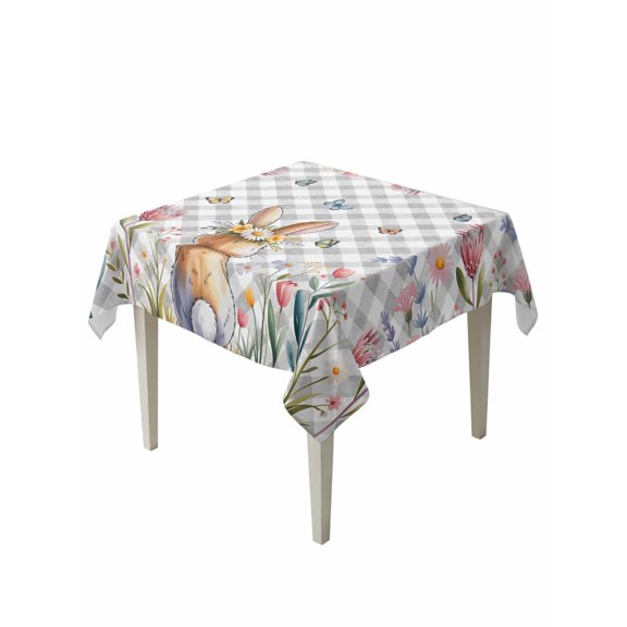 Easter Suqare Tablecloth - 54 x 54 Inch, Spring Rabbit Butterfly Botanical Florals Grey Plaid Waterproof & StainResistant Tablecloth, Washable Oil-proof Table Cover for Dining/Party/Wedding/Buffet