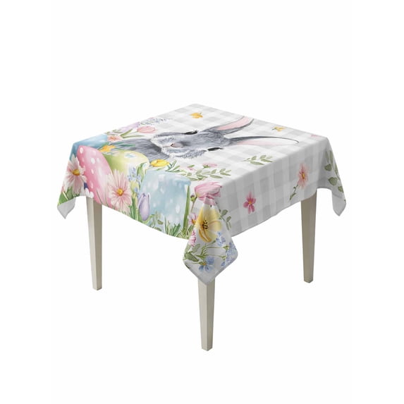 Easter Suqare Tablecloth - 54 x 54 Inch, Spring Rabbit Eggs Flowers Leaves Grey Plaid Waterproof & StainResistant Tablecloth, Washable Oil-proof Table Cover for Dining/Party/Wedding/Camping/Buffet