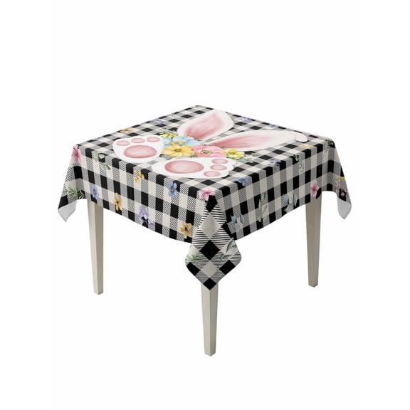 Easter Suqare Tablecloth - 54 x 54 Inch, Spring Rabbits Ears Feet Wildflowers Black Plaid Waterproof & StainResistant Tablecloth, Washable Oil-proof Table Cover for Dining/Party/Wedding/Buffet